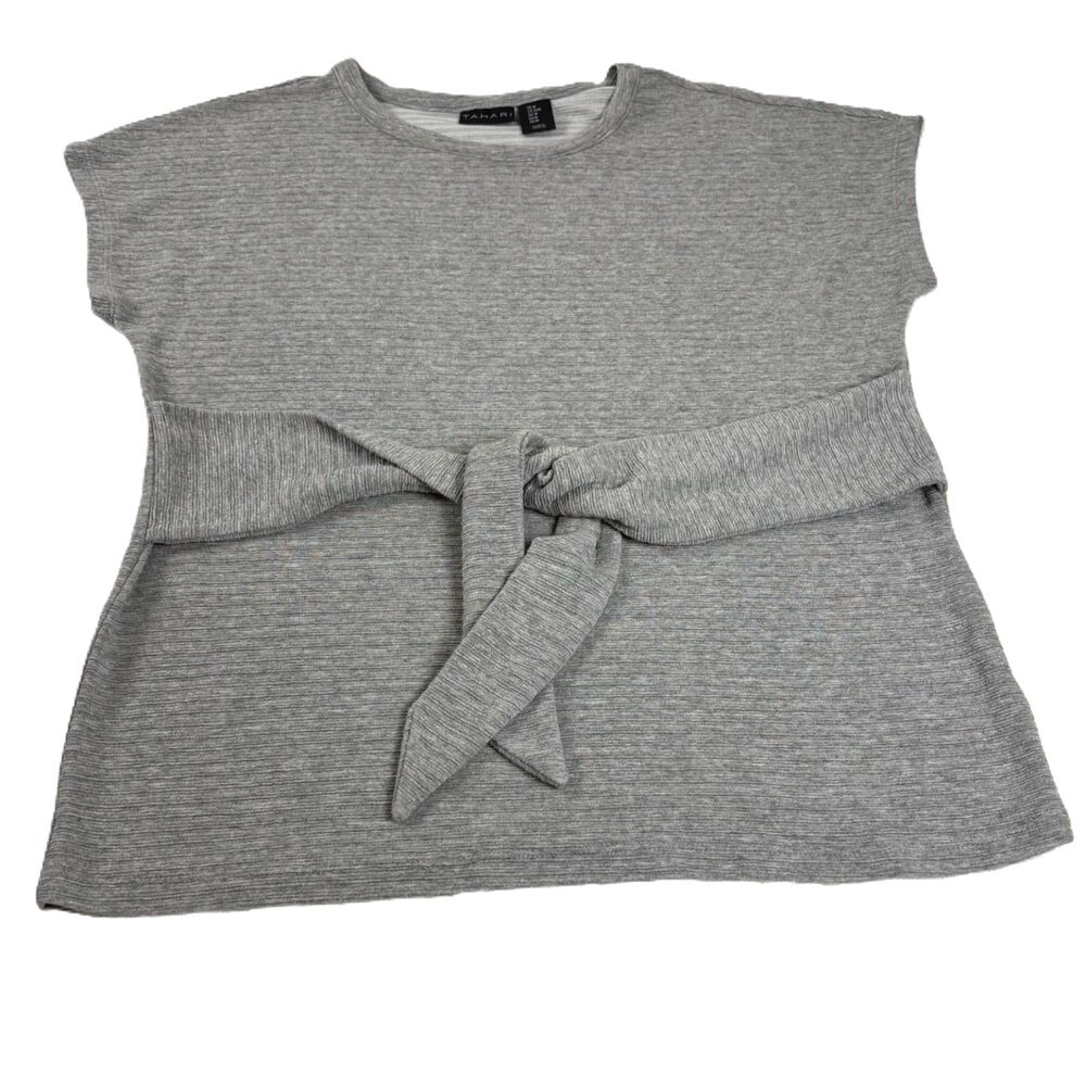 Tahari Ribbed Knit Top Medium M Heather Grey Front Tie Belted Cap Sleeve Blouse